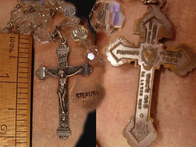 ANtique French Rosary necklaces Gothic sterling Glass and antique medal