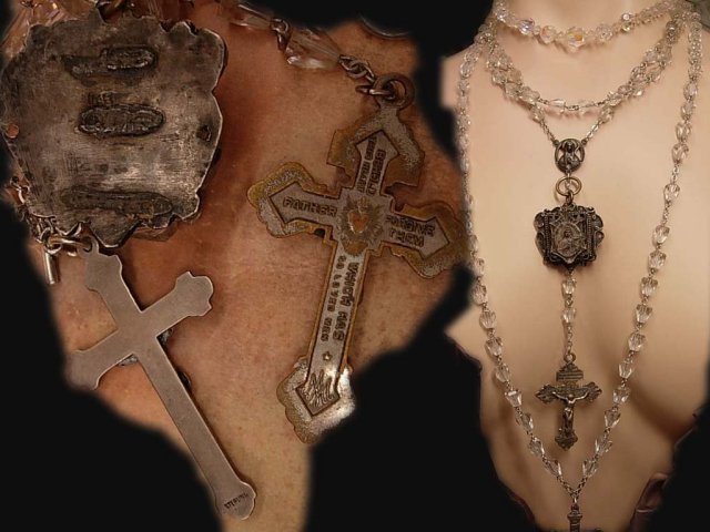 ANtique French Rosary necklaces Gothic sterling Glass and antique medal