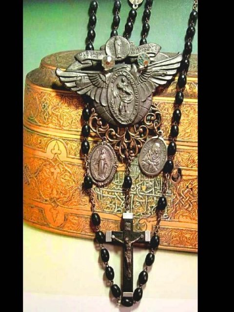 Gothic Cross Chandelier necklace sterling medals rich black swags