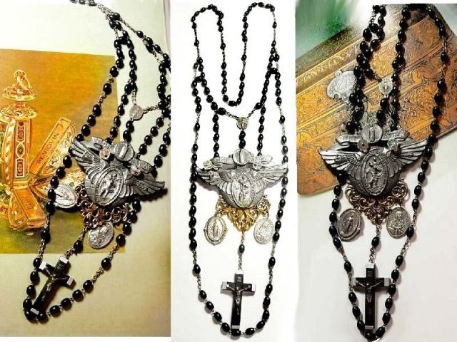 Gothic Cross Chandelier necklace sterling medals rich black swags