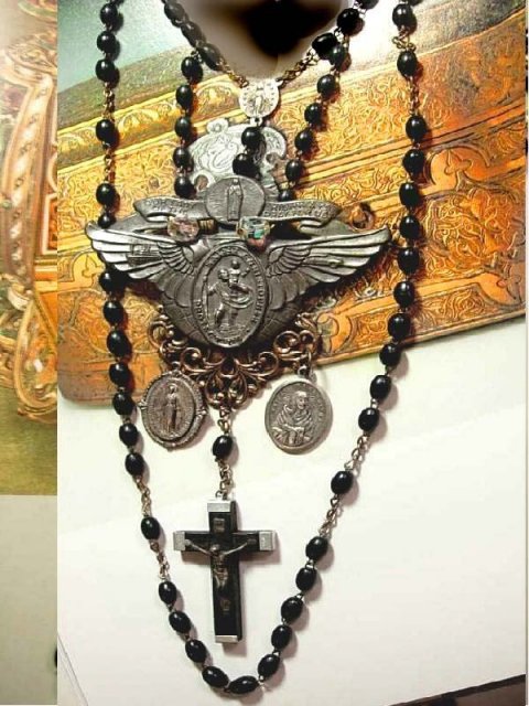 Gothic Cross Chandelier necklace sterling medals rich black swags