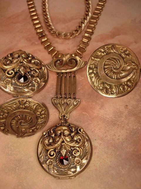 Antique Bacchus jeweled locket necklace bookchain and brooch