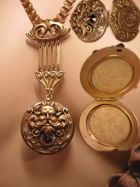 Antique Bacchus jeweled locket necklace bookchain and brooch
