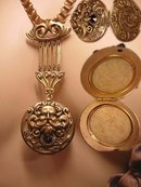 Antique Bacchus jeweled locket necklace bookchain and brooch
