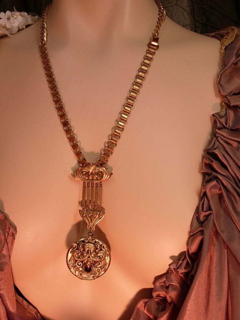Antique Bacchus jeweled locket necklace bookchain and brooch