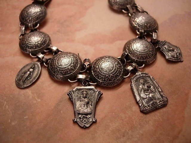 Vintage Sacred French Medals Sterling Bracelet Signed