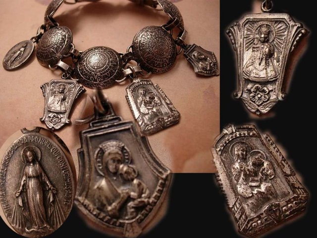 Vintage Sacred French Medals Sterling Bracelet Signed
