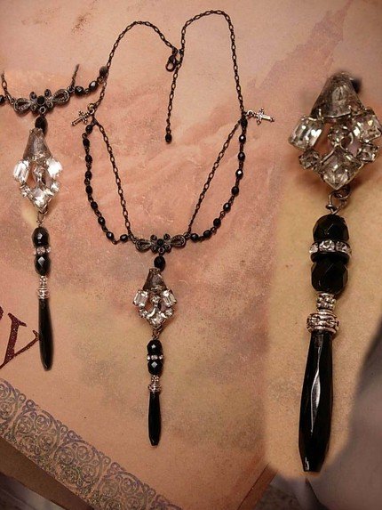 Old rosary beads and Vintage Rhinestone drop necklace