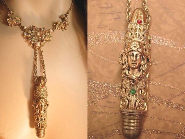 Baroque Mucha Nouveau woman hidden compartment jeweled pendant necklace