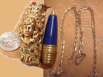 Baroque Mucha Nouveau woman hidden compartment jeweled pendant necklace