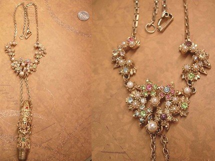 Baroque Mucha Nouveau woman hidden compartment jeweled pendant necklace