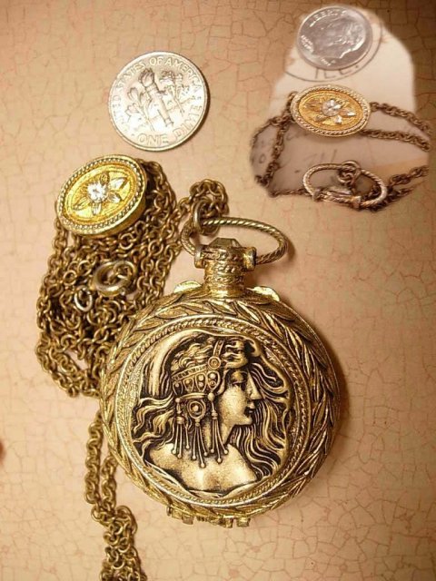 Exotic Mucha Nouveau goddess pocketwatch scent locket on jeweled slide chain
