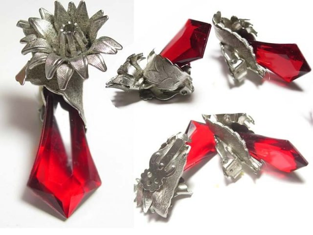 Vintage chunky RED prism flowered over the top earrings