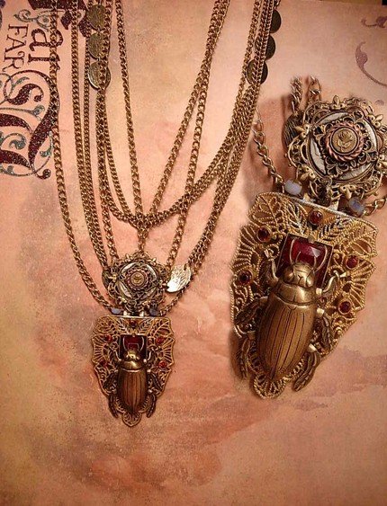 Bizarre Egyptian Scarab jeweled swag necklace dripping in chains