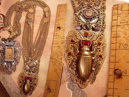 Bizarre Egyptian Scarab jeweled swag necklace dripping in chains