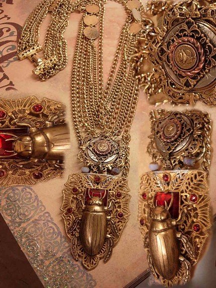Bizarre Egyptian Scarab jeweled swag necklace dripping in chains