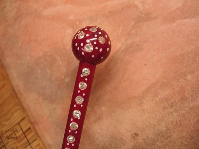VINTAGE Deco Hatpin with RED Paste Rhinestone Celluloid LONG Flapper design