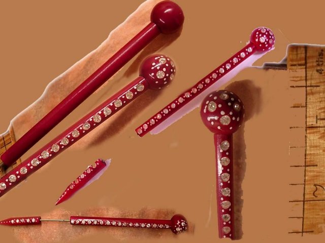 VINTAGE Deco Hatpin with RED Paste Rhinestone Celluloid LONG Flapper design