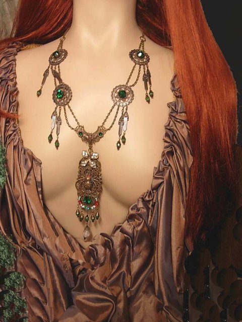 VIntage Dramatic Spider signed Czech GLass necklace With beetles tassels and glass stones everywhere