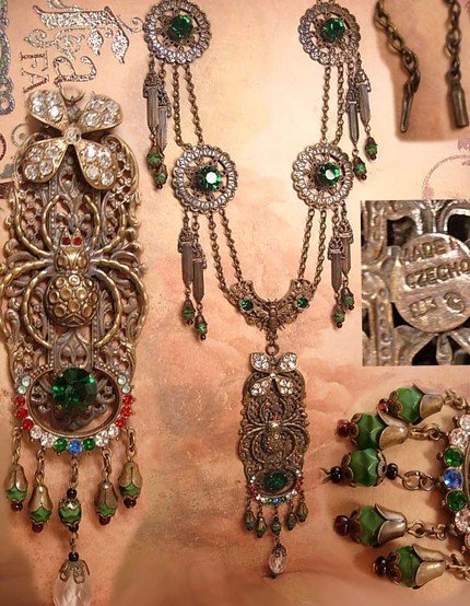 VIntage Dramatic Spider signed Czech GLass necklace With beetles tassels and glass stones everywhere