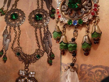 VIntage Dramatic Spider signed Czech GLass necklace With beetles tassels and glass stones everywhere