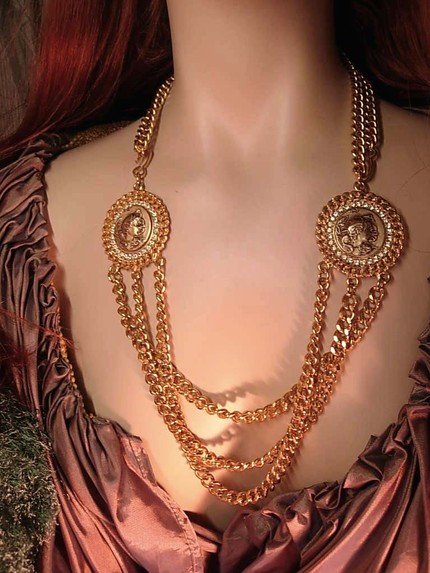 GOthic revival medallion thick chain necklace with nouveau faces