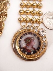 Vintage Miniature seed pearl portrait rhinestone watch fob necklace Young Queen