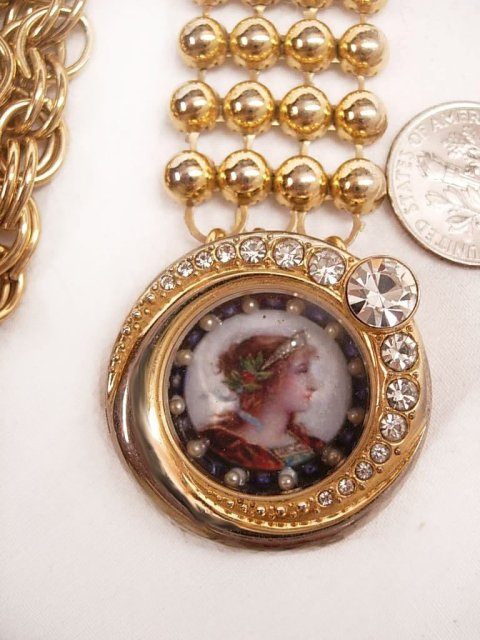 Vintage Miniature seed pearl portrait rhinestone watch fob necklace Young Queen