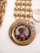 Vintage Miniature seed pearl portrait rhinestone watch fob necklace Young Queen