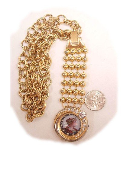 Vintage Miniature seed pearl portrait rhinestone watch fob necklace Young Queen
