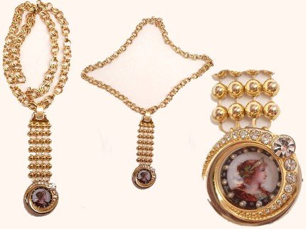 Vintage Miniature seed pearl portrait rhinestone watch fob necklace Young Queen