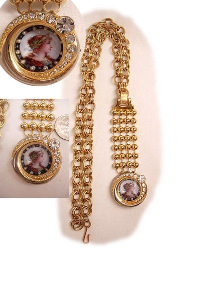 Vintage Miniature seed pearl portrait rhinestone watch fob necklace Young Queen