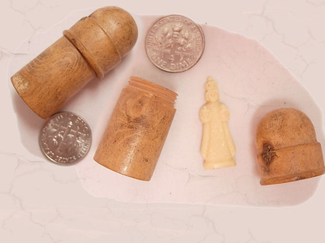 Antique carved Wood Thimble case with religious icon