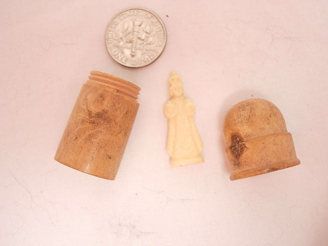 Antique carved Wood Thimble case with religious icon