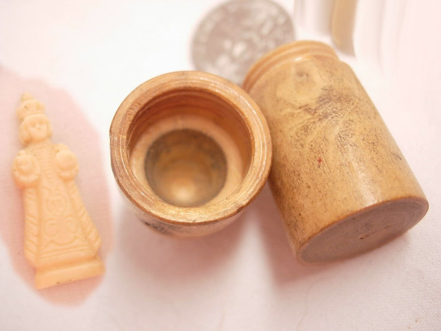 Antique carved Wood Thimble case with religious icon