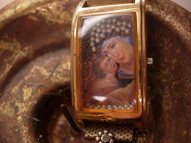 Shrine necklace with holy cross relic and miniature pearl virgin Mary & child portrait