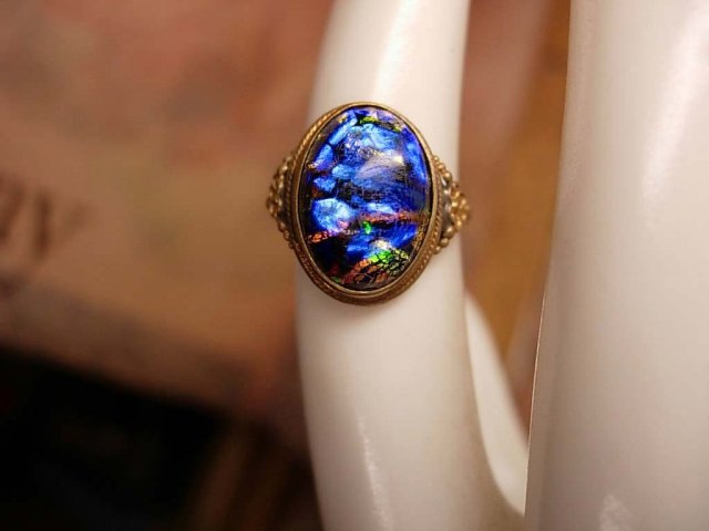 Vintage Art Deco Black OPAL Egyptian Revival Ring