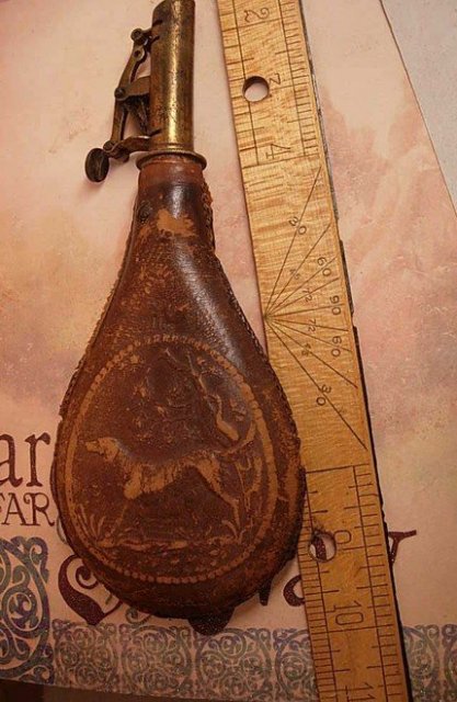Antique Leather Dog black Powder Flask Horn