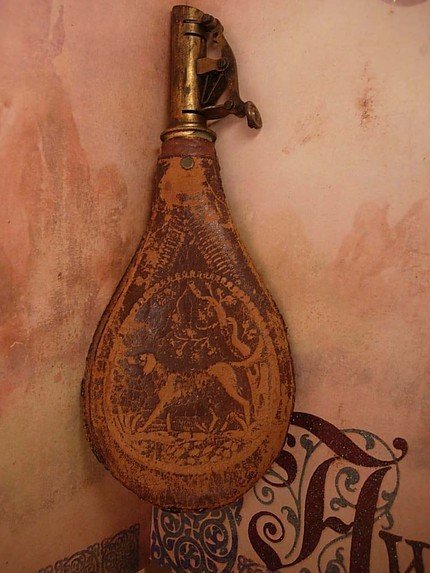 Antique Leather Dog black Powder Flask Horn