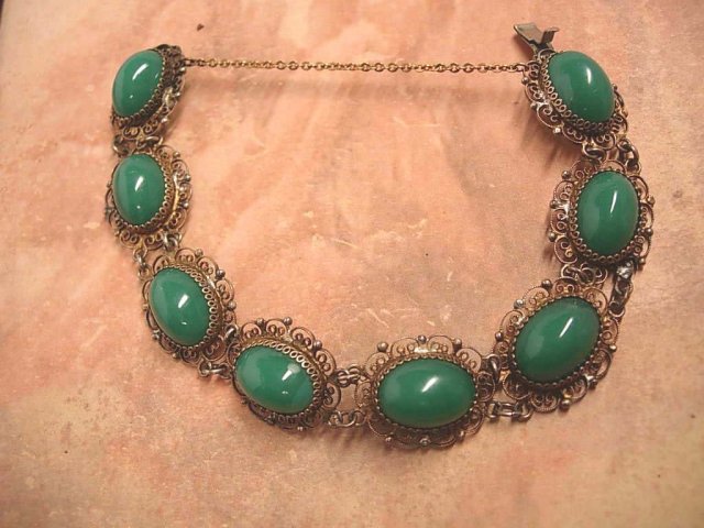 1920's DEco Chrysoprase Filigree gilt silver ornate bracelet