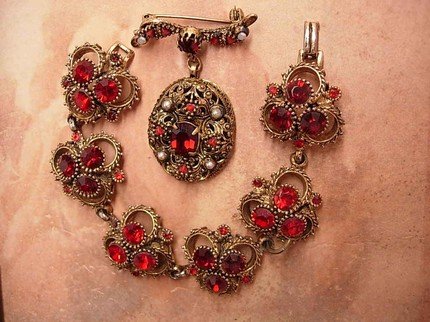 VIntage RED Rhinestone Victorian Brooch and Bracelet