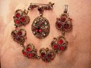 VIntage RED Rhinestone Victorian Brooch and Bracelet