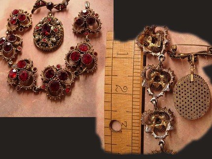 VIntage RED Rhinestone Victorian Brooch and Bracelet