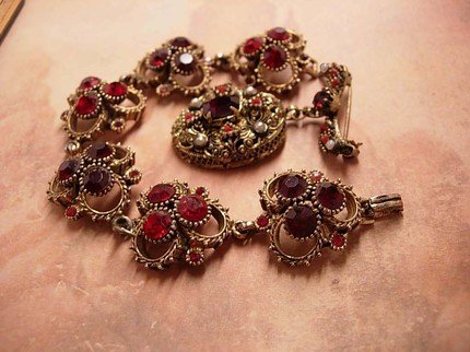 VIntage RED Rhinestone Victorian Brooch and Bracelet