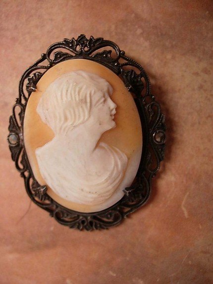 Antique sterling Flapper genuine carved cameo with marcasites BRooch