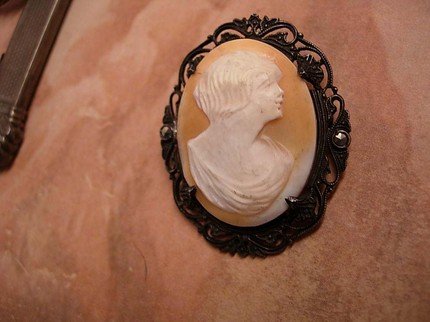 Antique sterling Flapper genuine carved cameo with marcasites BRooch