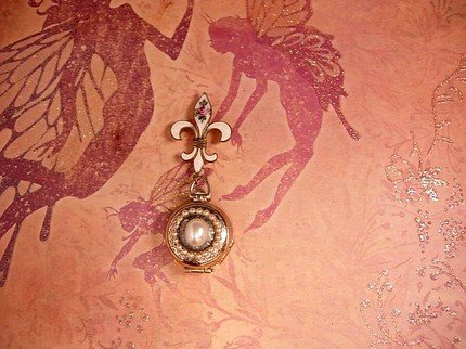 Vintage DEco Enamel pocketwatch locket and Fleur de lis Brooch