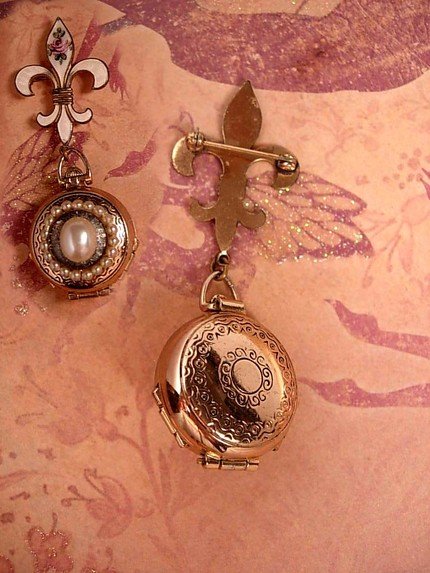 Vintage DEco Enamel pocketwatch locket and Fleur de lis Brooch