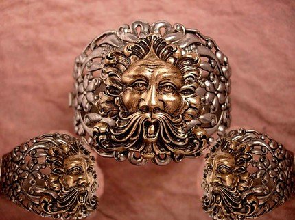 HUge Vintage Bacchus Relief bracelet hinged with figural mythology gargoyle God