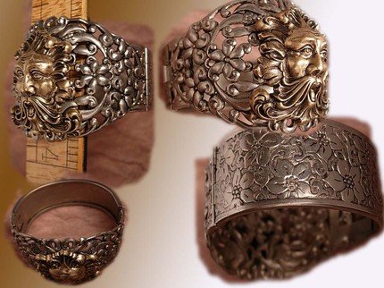 HUge Vintage Bacchus Relief bracelet hinged with figural mythology gargoyle God